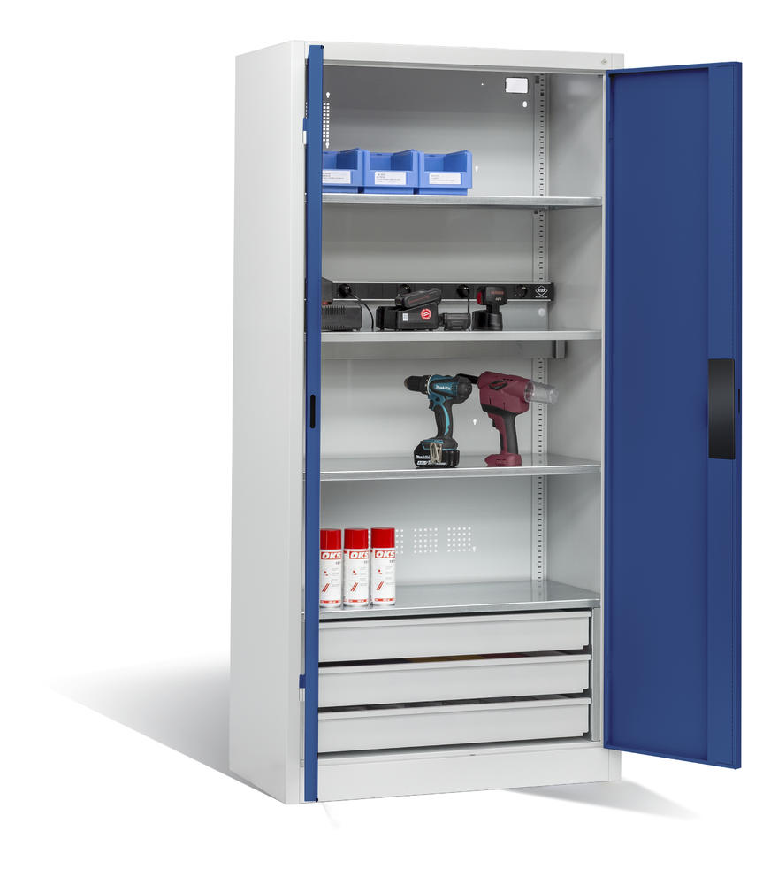 Akkuladeschrank Serie Basic, Vollblechtüren | Enzianblau RAL 5010 | Basic, mit Schubladenblock | Vollblechtüren | Lichtgrau RAL 7035