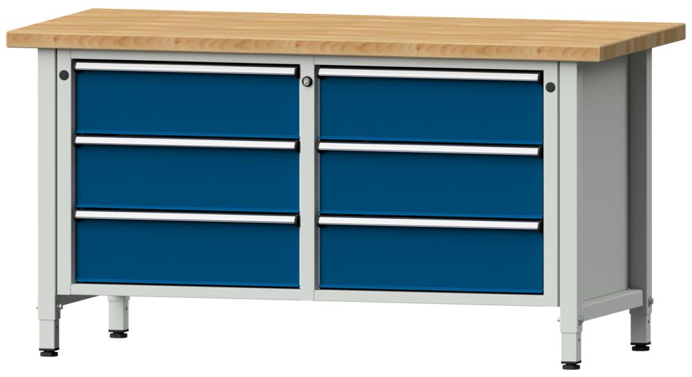 Werkbank SERIE ERGO | Enzianblau RAL 5010 | 6 Schubladen | Buche-Massiv-Arbeitsplatte