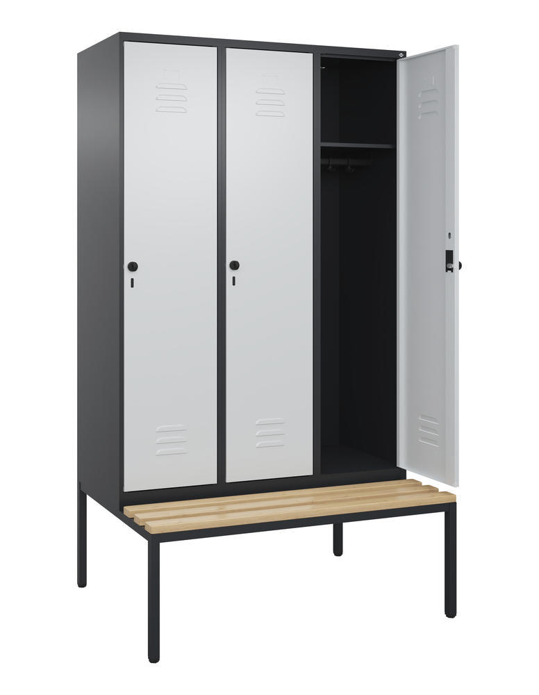 Garderoben-Stahlspind CLASSIC PLUS, mit Sitzbank | Lichtgrau RAL 7035 | mit untergebauter Sitzbank, Holzleisten | Schwarzgrau RAL 7021 | 400 | 3