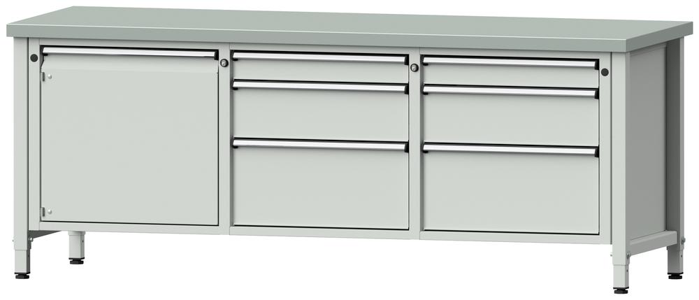 Werkbank SERIE ERGO | Lichtgrau RAL 7035 | 4 Schubladen + 1 Tür | Stahlblechbelag-Platte