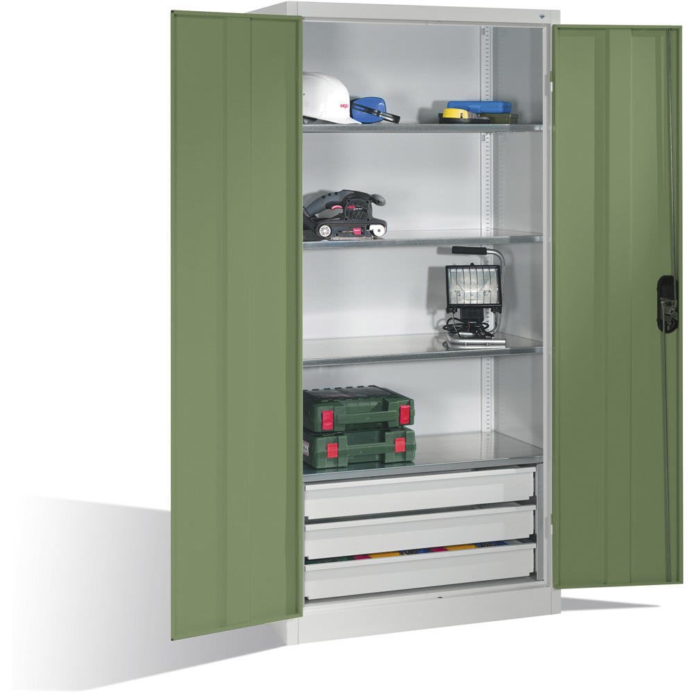 Flügeltüren-Stahlschrank SYSTEM TMF 110 | Resedagrün RAL 6011 | 1950 | 930 | 500 | Schubladenblock unten