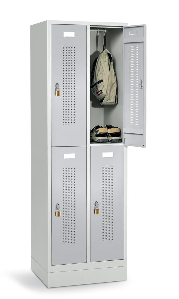 Doppelstöckiger Spind SYSTEM SP1 mit Sockel | Alusilber RAL 9006 | mit Sockel | Drehriegelverschluss