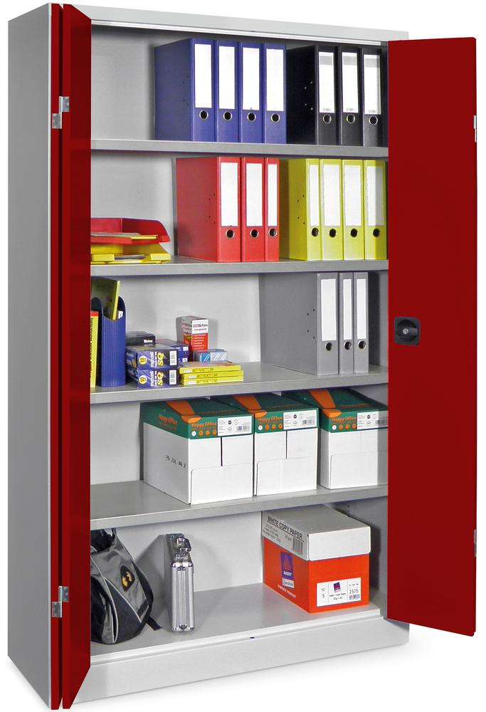 Falttüren-Stahlschrank mit verzinkten Böden | Rubinrot RAL 3003 | 1950 | 1200 | 400 | mit verzinkten Fachböden | Lichtgrau RAL 7035