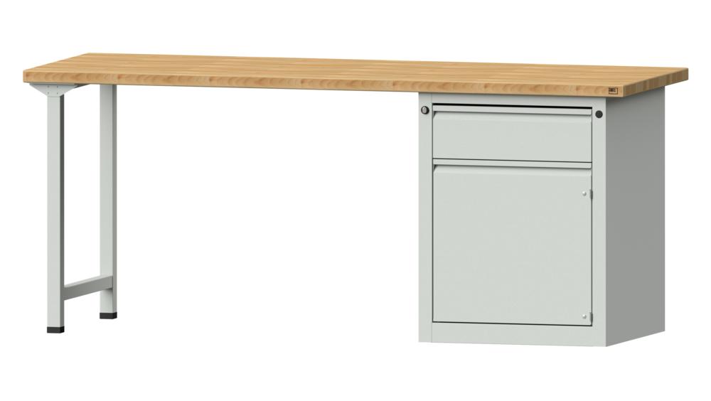 Werkbank SERIE ALLROUND | Lichtgrau RAL 7035 | 2000 | 1 Schublade, 1 Tür | Buche-Massiv-Arbeitsplatte