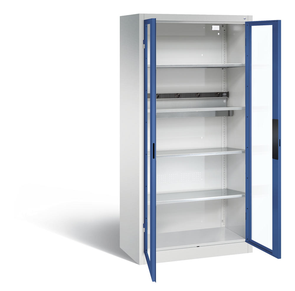 Akkuladeschrank Serie Basic, Sichtfenstertüren | Enzianblau RAL 5010 | Basic, ohne Schubladenblock | Sichtfenstertüren | Lichtgrau RAL 7035