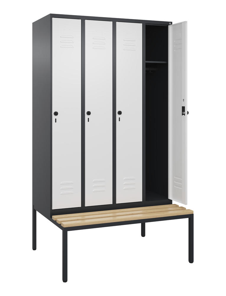 Garderoben-Stahlspind CLASSIC PLUS, mit Sitzbank | Verkehrsweiß RAL 9016 | mit untergebauter Sitzbank, Holzleisten | Schwarzgrau RAL 7021 | 300 | 4