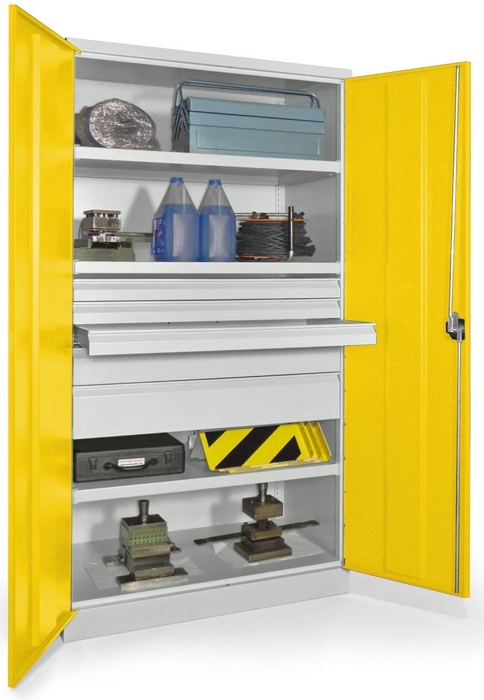 Schwerlastschrank ohne Mitteltrennwand | Zinkgelb RAL 1018 | 1040 | 5 Schubladen: 3xH75, 1xH125, 1xH175 mm