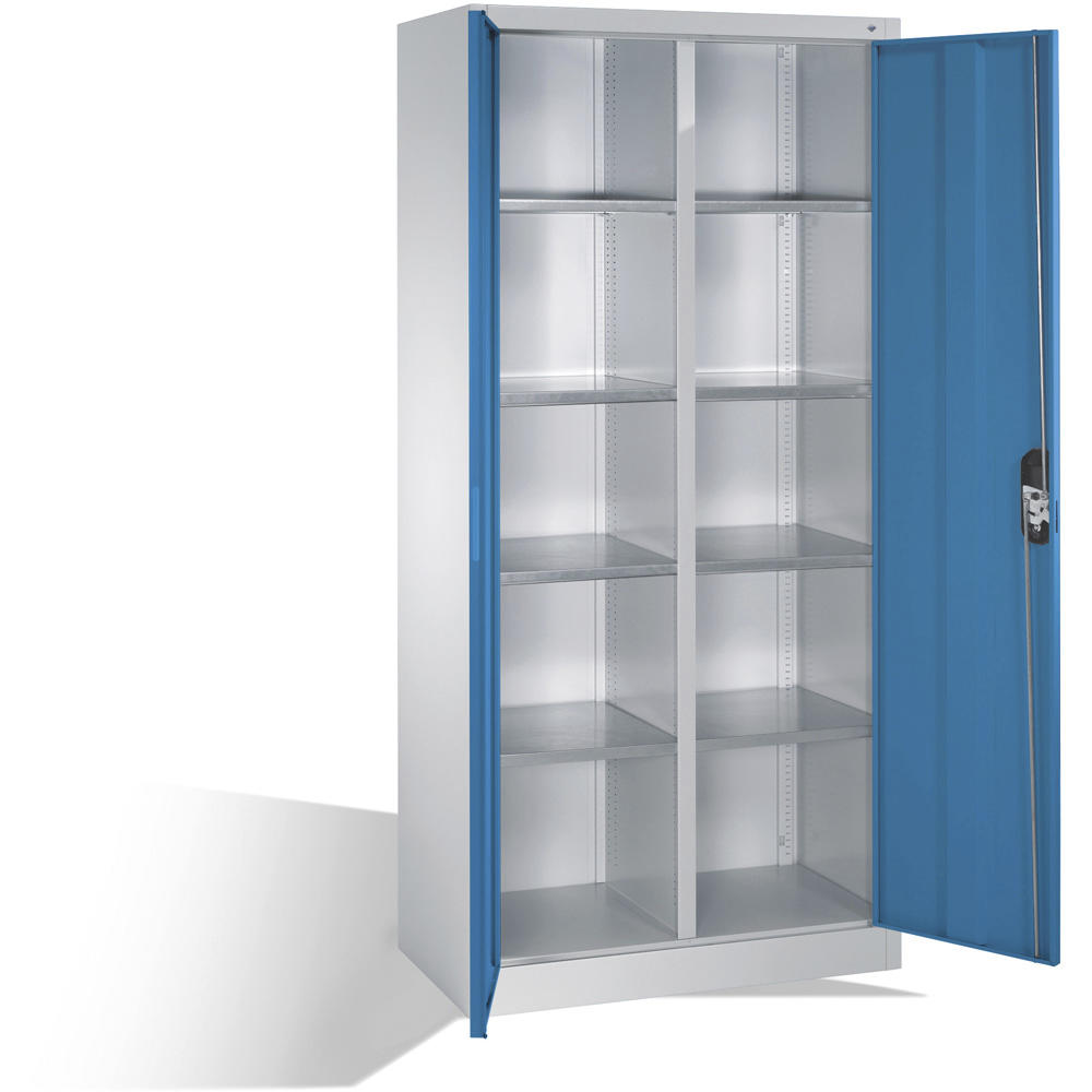 Flügeltüren-Stahlschrank SYSTEM ERGO-LOCK | Lichtblau RAL 5012 | 930 | links und rechts 4 Fachböden