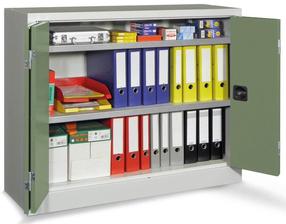 Falttüren-Stahlschrank mit verzinkten Böden | Resedagrün RAL 6011 | 1000 | 1200 | 400 | mit verzinkten Fachböden | Lichtgrau RAL 7035