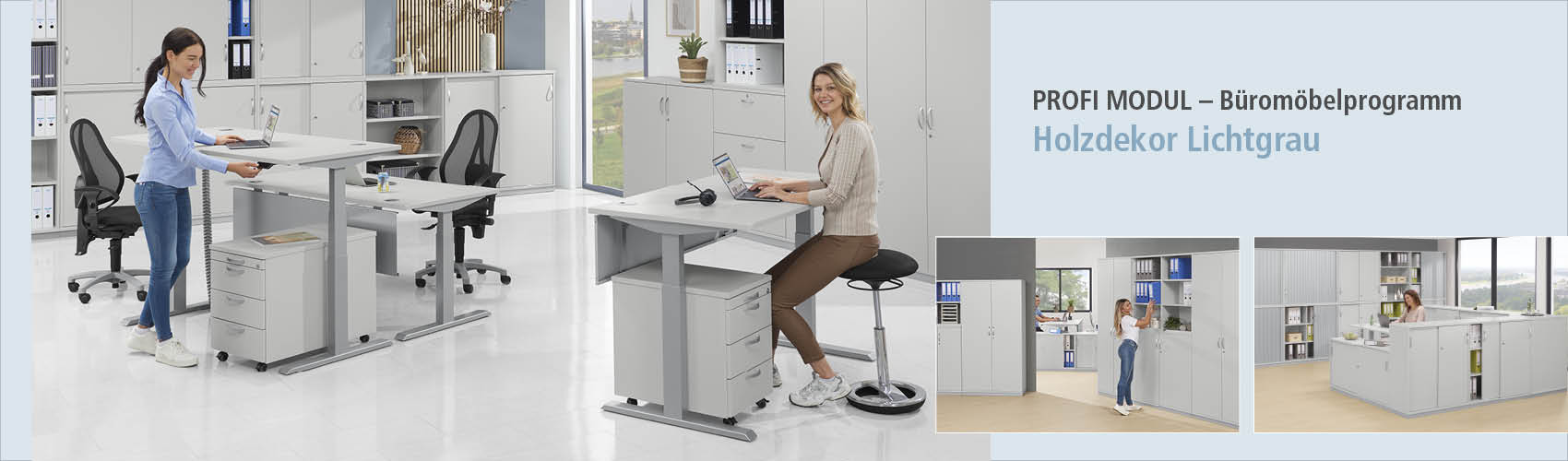 Zwei Frauen arbeiten an ergonomischen Schreibtischen in modernem Büro mit Möbeln in Lichtgrau. Rechts Werbetext zum PROFI MODUL Holzdekor Lichtgrau