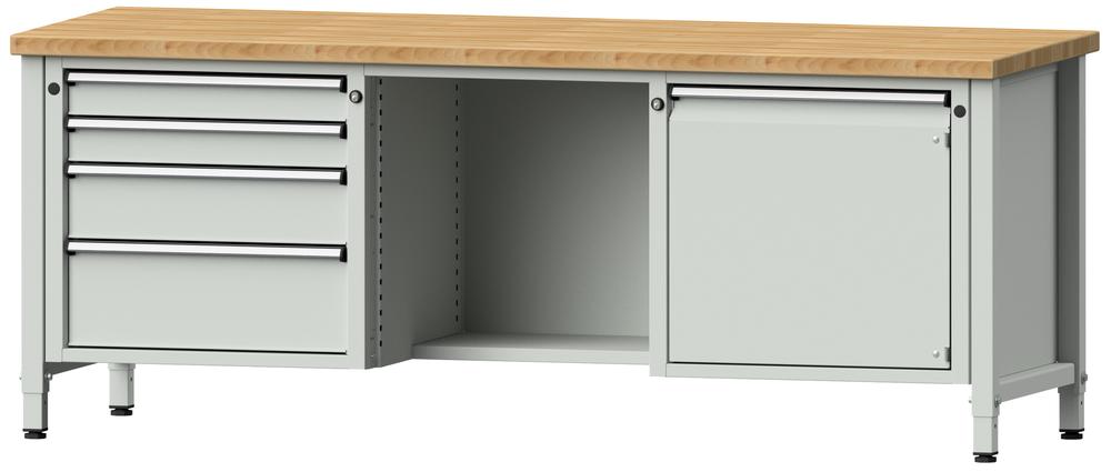 Werkbank SERIE ERGO | Lichtgrau RAL 7035 | 4 Schubladen, 1 Fach + 1 Tür | Buche-Massiv-Arbeitsplatte