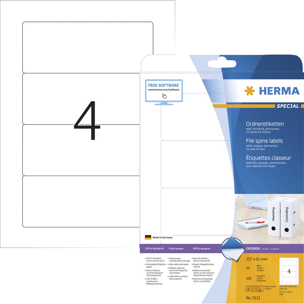 HERMA Ordneretiketten 5121 DIN A4 157x61mm weiß