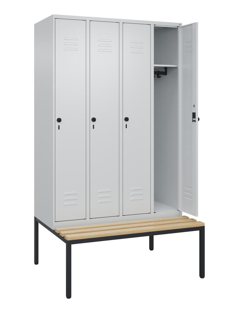 Garderoben-Stahlspind CLASSIC PLUS, mit Sitzbank | Lichtgrau RAL 7035 | mit untergebauter Sitzbank, Holzleisten | Lichtgrau RAL 7035 | 300 | 4
