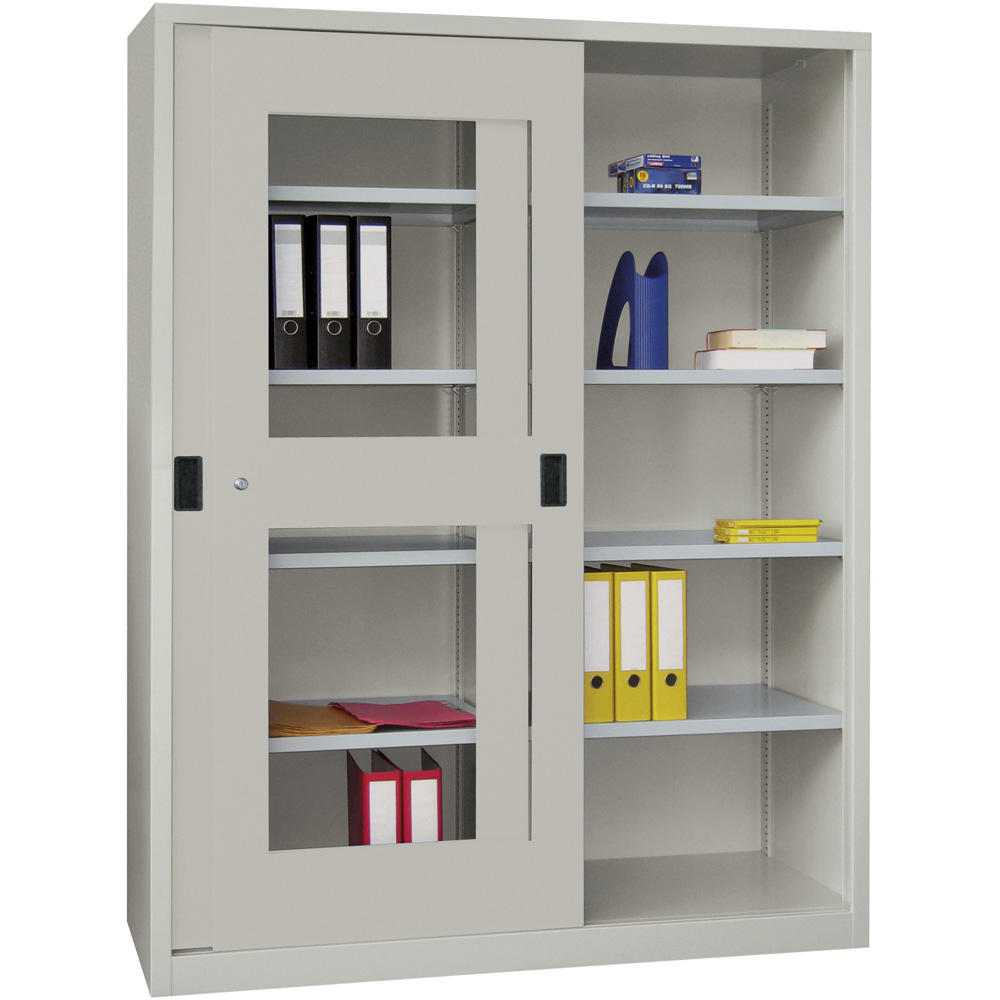 Schiebetüren-Stahlschrank SYSTEM FLEX | Lichtgrau RAL 7035 | 1500 | 600 | mit Acrylglastüren