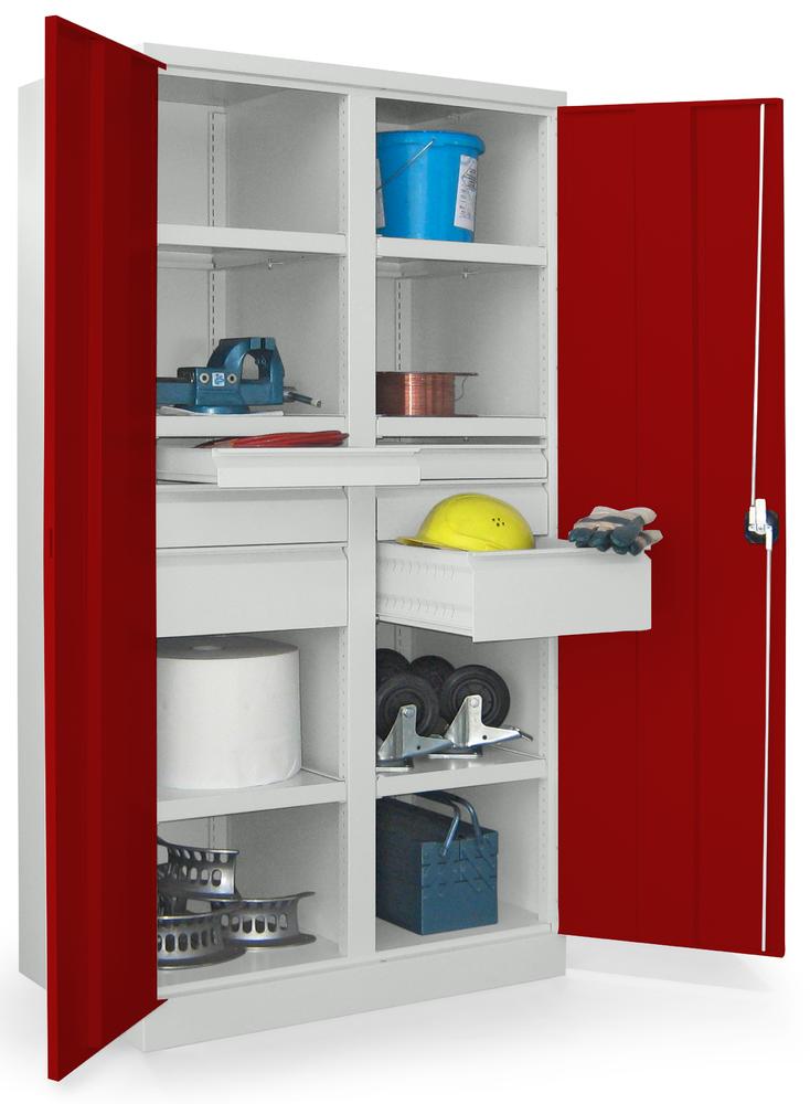 Schwerlastschrank mit Mitteltrennwand | Rubinrot RAL 3003 | 1040 | 6 Schubladen: 2xH75, 2xH125, 2xH175 mm