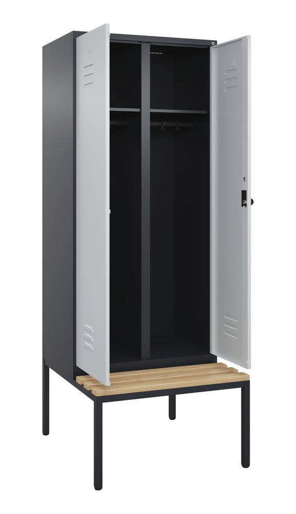 Arbeitsstättenspind CLASSIC PLUS, mit Sitzbank | Lichtgrau RAL 7035 | mit untergebauter Sitzbank, Holzleisten | Schwarzgrau RAL 7021 | 400 | 2