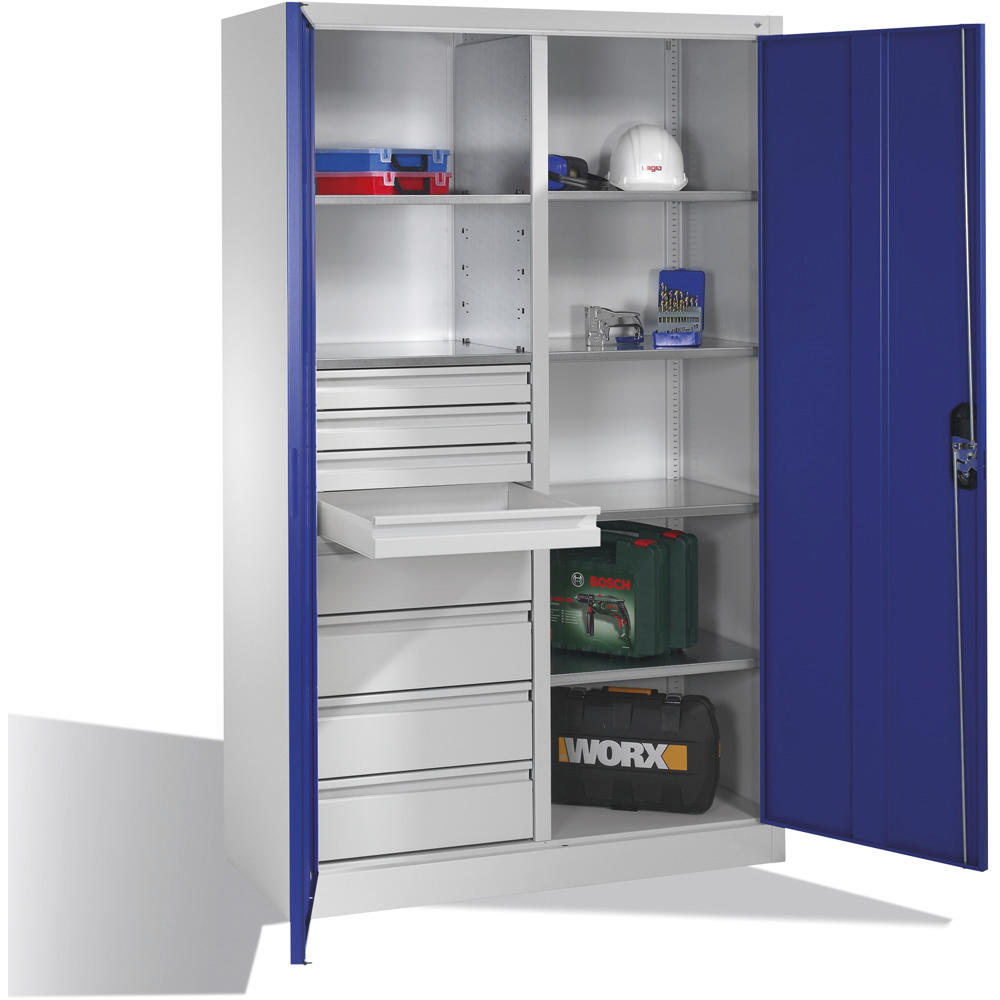 Flügeltüren-Stahlschrank SYSTEM ERGO-LOCK | Enzianblau RAL 5010 | 1200 | links 2 Fachböden, 4 kleine und 4 große Schubladen, rechts 4 Fachböden