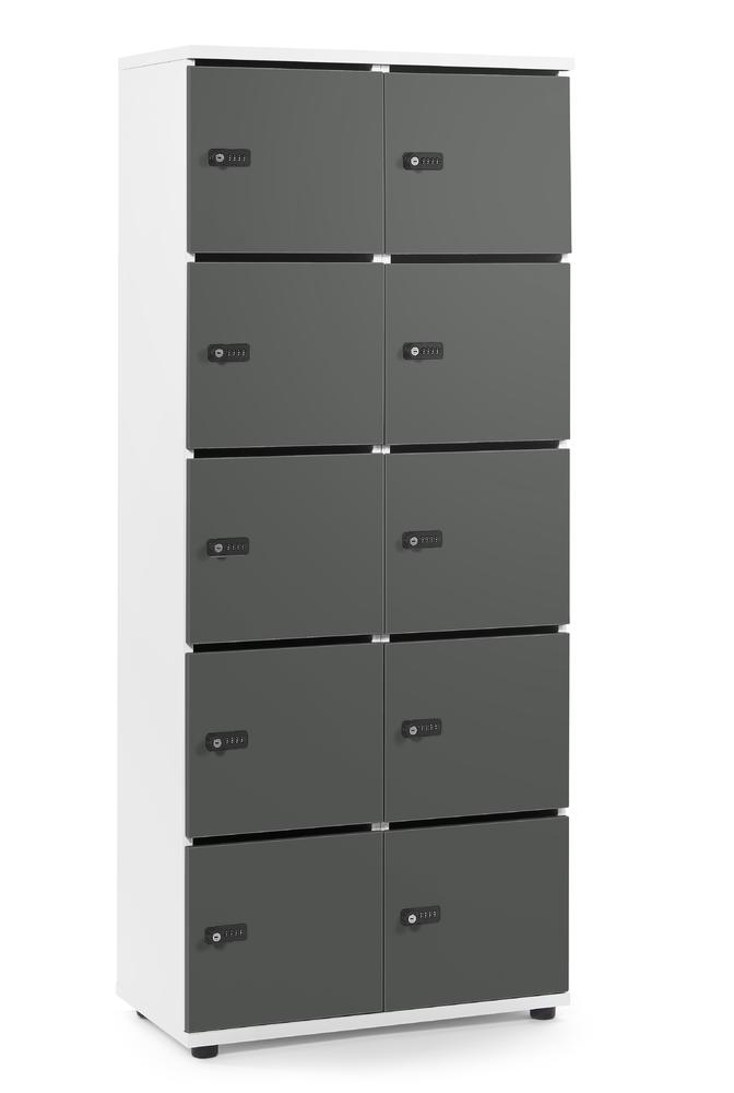 Schließfachschrank OFFICE-LINE mit 10 Fächern | Grau | mit Posteinwurf | Weiß | Mechanisches Zahlen-Kombinationsschloss