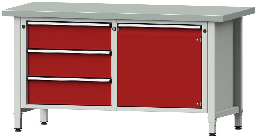 Werkbank SERIE ERGO | Karminrot RAL 3002 | 3 Schubladen + 1 Tür | Stahlblechbelag-Platte