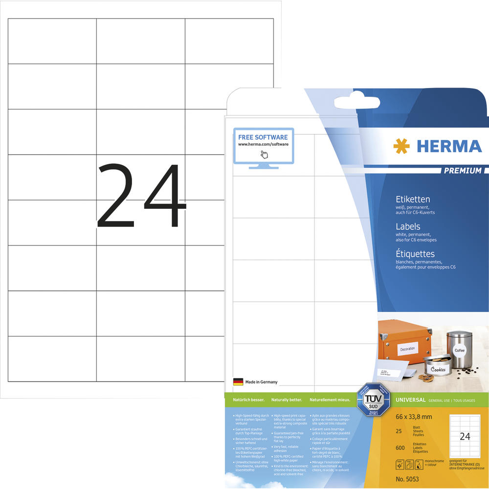 HERMA Etikett PREMIUM 5053 66x33,8mm weiß 600