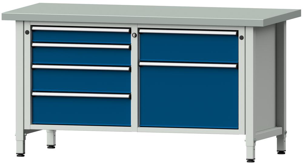 Werkbank SERIE ERGO | Enzianblau RAL 5010 | 5 Schubladen + 1 Tür | Stahlblechbelag-Platte