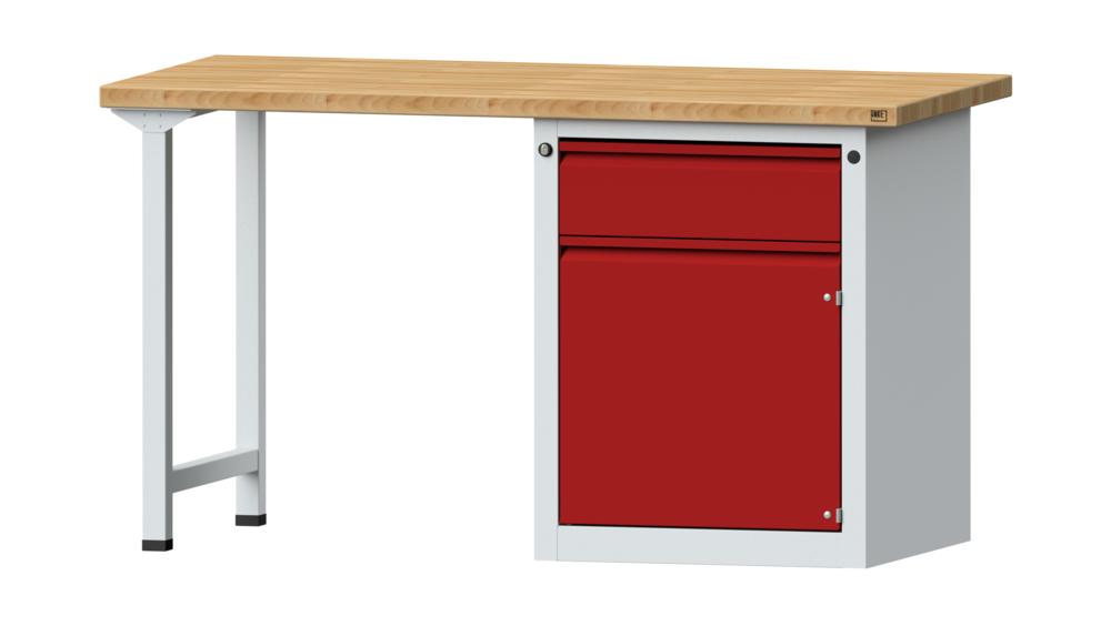 Werkbank SERIE ALLROUND | Karminrot RAL 3002 | 1500 | 1 Schublade, 1 Tür | Buche-Massiv-Arbeitsplatte