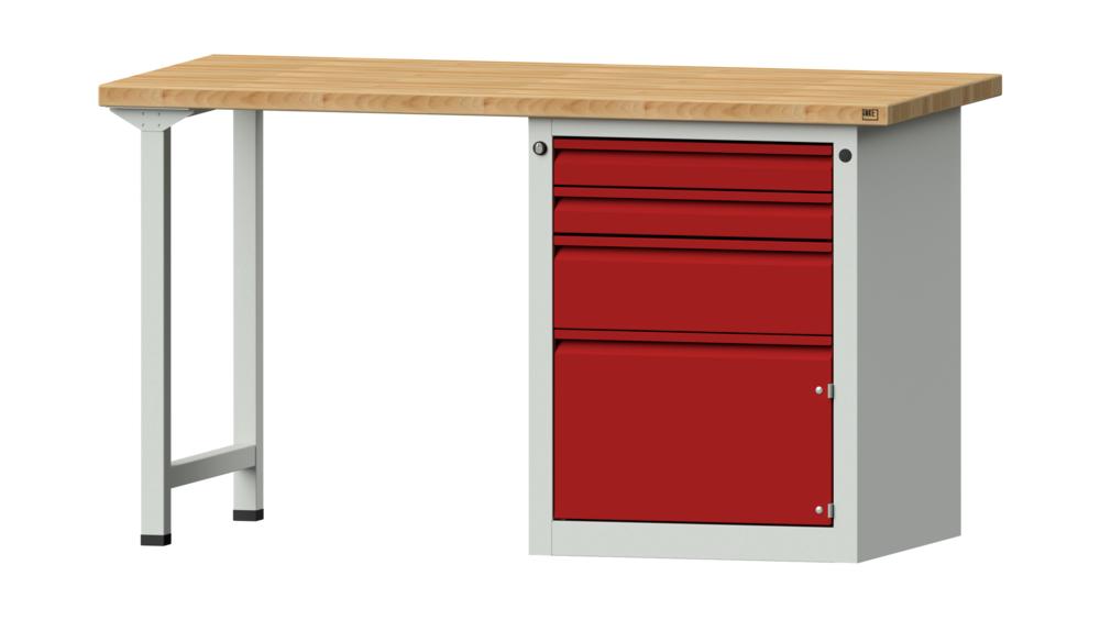 Werkbank SERIE ALLROUND | Karminrot RAL 3002 | 1500 | Buche-Massiv-Arbeitsplatte