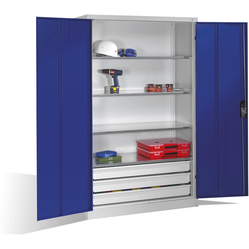 Flügeltüren-Stahlschrank SYSTEM TMF 110 | Enzianblau RAL 5010 | 1950 | 1200 | 600 | Schubladenblock unten
