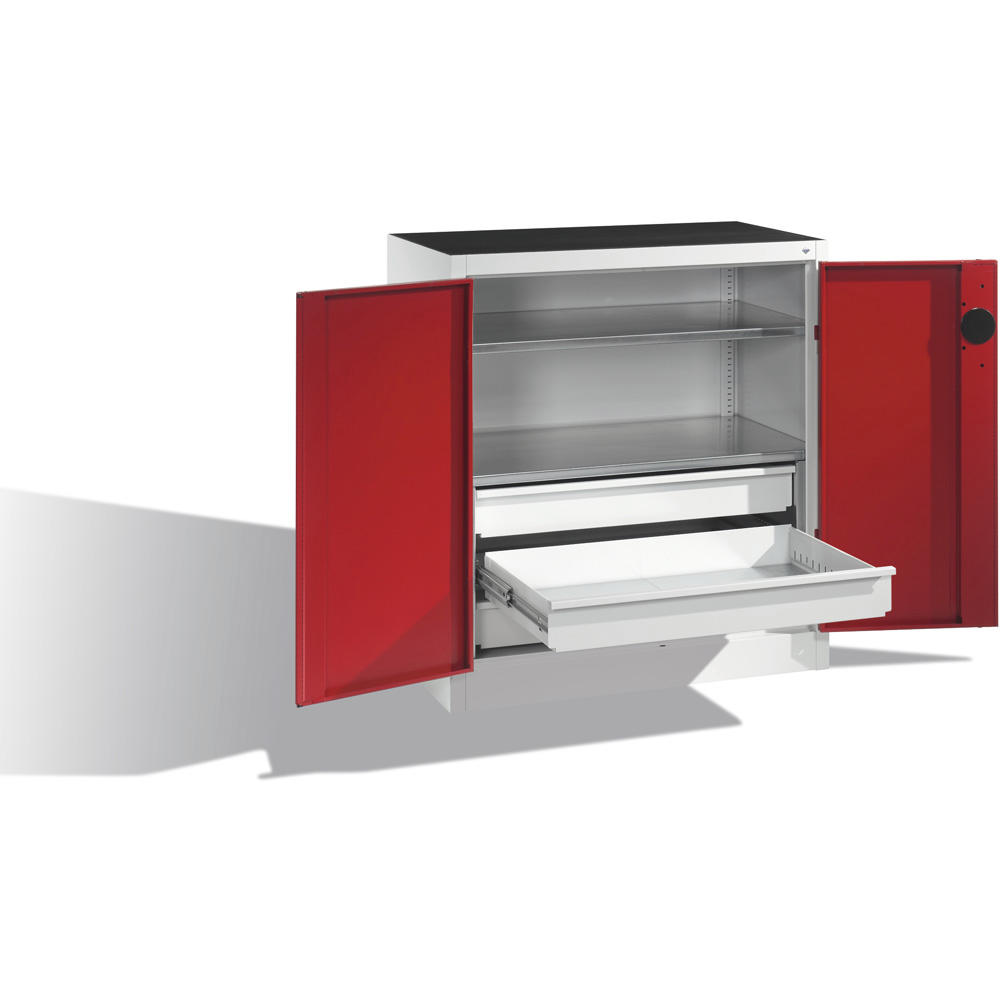 Flügeltüren-Stahlschrank SYSTEM TMF 110 | Rubinrot RAL 3003 | 1000 | 930 | 500 | Schubladenblock unten