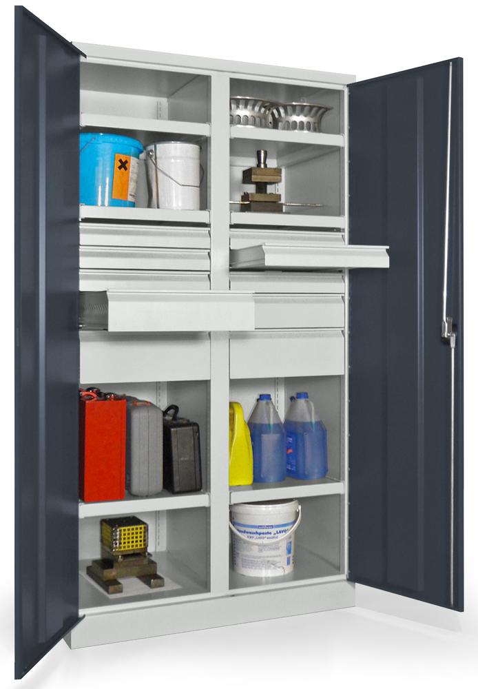 Schwerlastschrank mit Mitteltrennwand | Anthrazitgrau RAL 7016 | 1040 | 10 Schubladen: 6xH75, 2xH125, 2xH175 mm