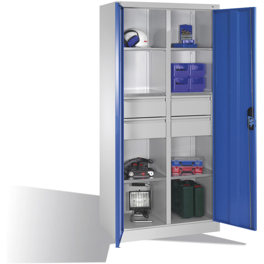 Flügeltüren-Stahlschrank SYSTEM ERGO-LOCK | Lichtblau RAL 5012 | 930 | links und rechts 3 Fachböden und 2 große Schubladen