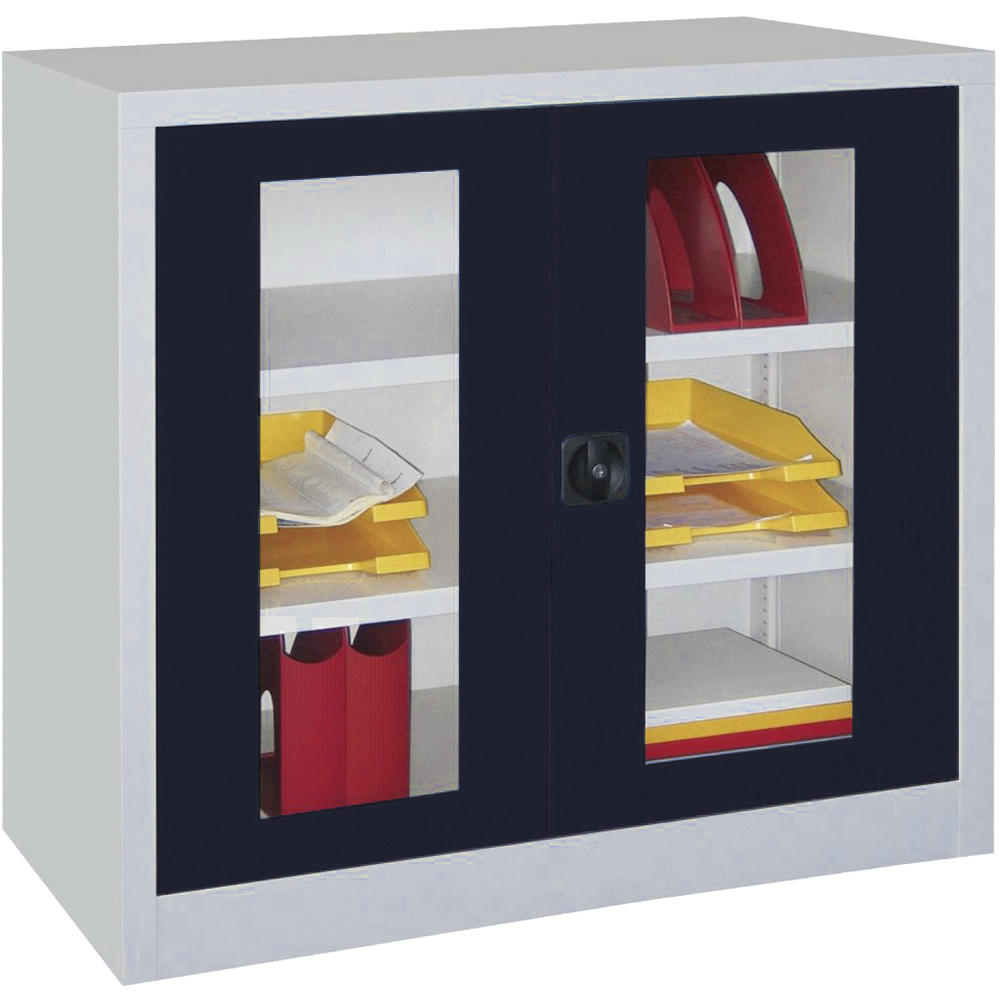 Materialschrank mit Sichtfenstertüren | Anthrazitgrau RAL 7016 | 1000 | 1000 | 600 | Lichtgrau RAL 7035