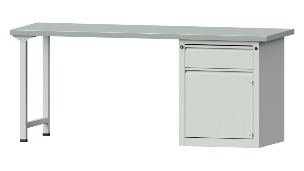 Werkbank SERIE ALLROUND | Lichtgrau RAL 7035 | 2000 | 1 Schublade, 1 Tür | Stahlblechbelag-Platte
