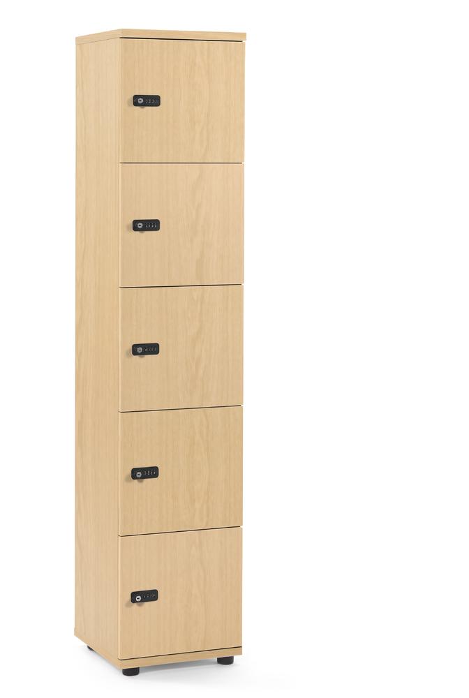 Schließfachschrank OFFICE-LINE mit 5 Fächern | Buchedekor | ohne Posteinwurf | Buchedekor | Mechanisches Zahlen-Kombinationsschloss
