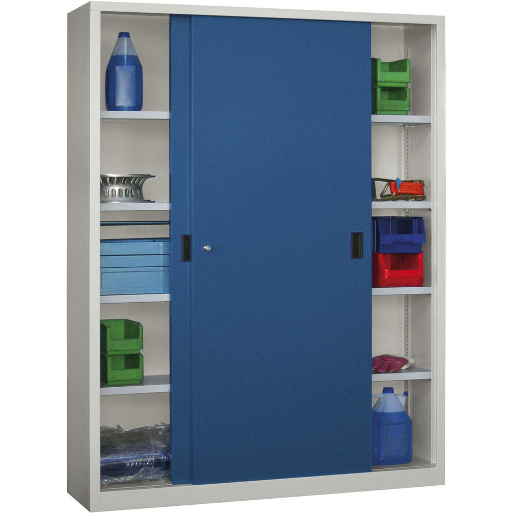 Schiebetüren-Stahlschrank SYSTEM FLEX | Enzianblau RAL 5010 | 1500 | 600 | mit Stahltüren