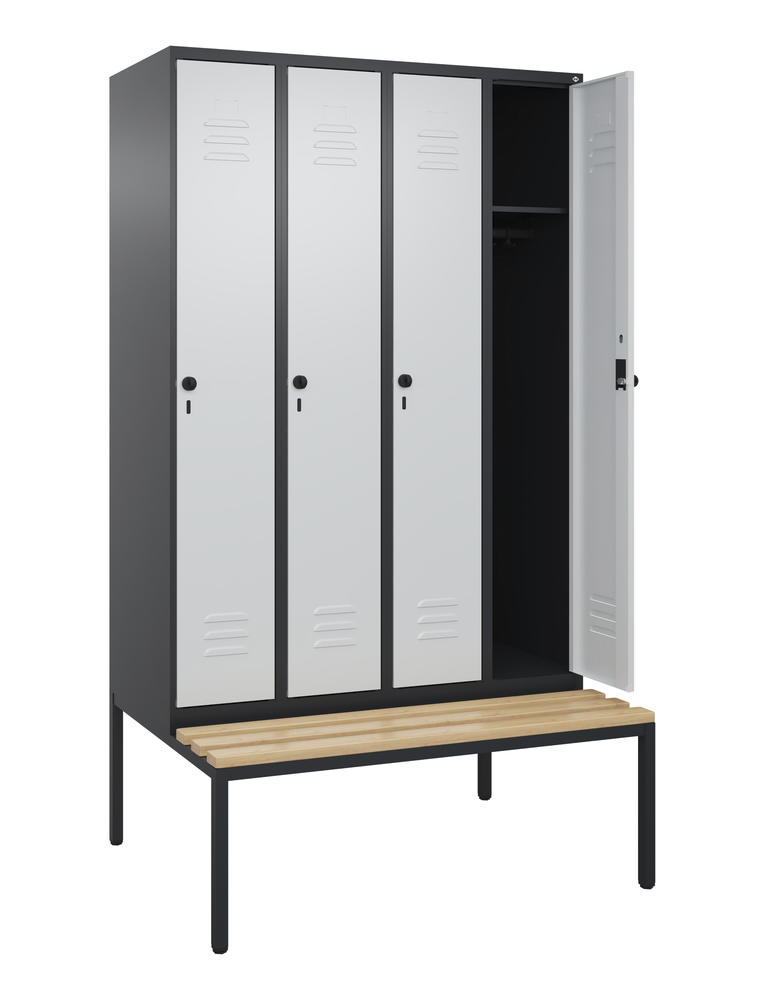 Garderoben-Stahlspind CLASSIC PLUS, mit Sitzbank | Lichtgrau RAL 7035 | mit untergebauter Sitzbank, Holzleisten | Schwarzgrau RAL 7021 | 300 | 4