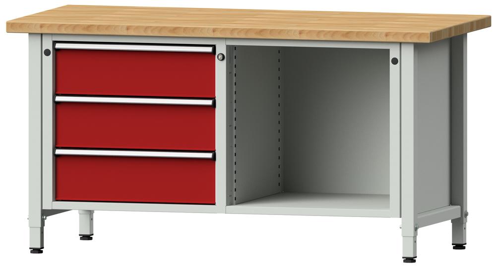 Werkbank SERIE ERGO | Karminrot RAL 3002 | 3 Schubladen + 1 Fach | Buche-Massiv-Arbeitsplatte