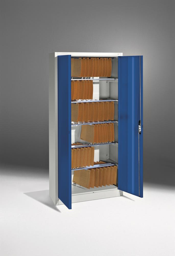 Büroschrank mit Flügeltüren, Stahl | Enzianblau RAL 5010 | mit Pendelstangen | Lichtgrau RAL 7035