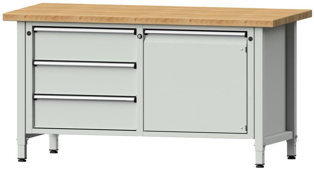 Werkbank SERIE ERGO | Lichtgrau RAL 7035 | 3 Schubladen + 1 Tür | Buche-Massiv-Arbeitsplatte
