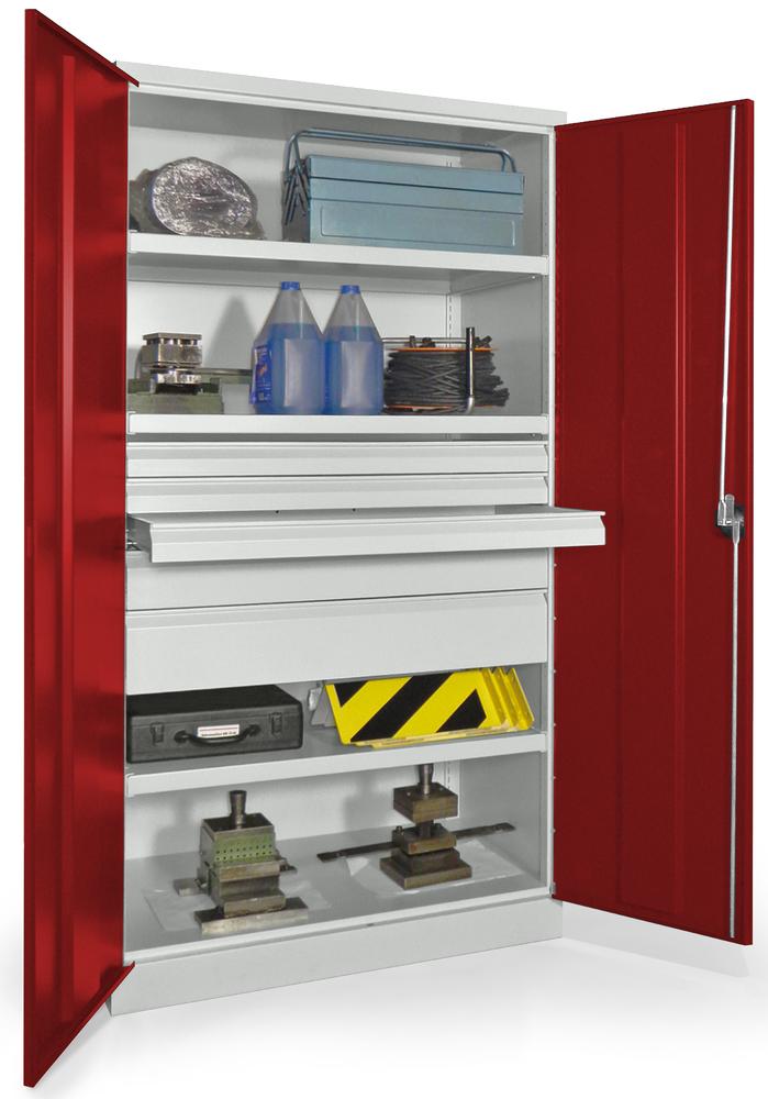 Schwerlastschrank ohne Mitteltrennwand | Rubinrot RAL 3003 | 1040 | 5 Schubladen: 3xH75, 1xH125, 1xH175 mm