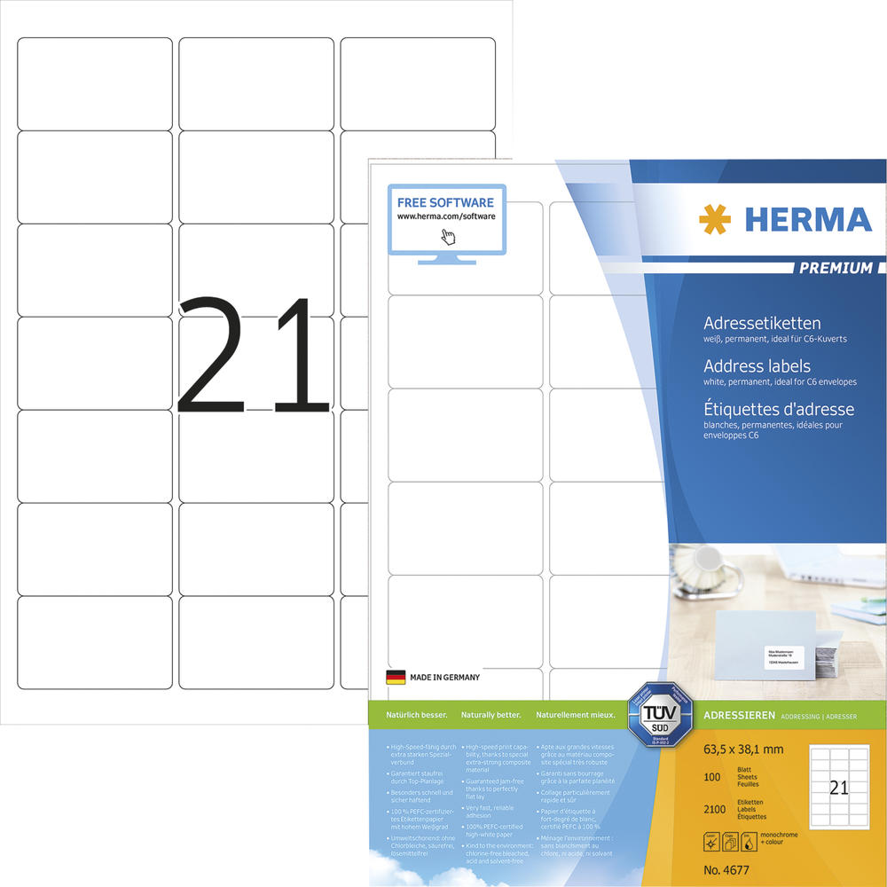HERMA Etikett PREMIUM 4677 63,5x38,1mm weiß 2.100