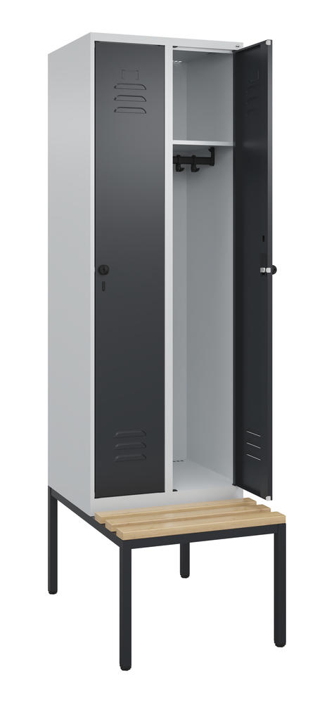 Garderoben-Stahlspind CLASSIC PLUS, mit Sitzbank | Schwarzgrau RAL 7021 | mit untergebauter Sitzbank, Holzleisten | Lichtgrau RAL 7035 | 300 | 2