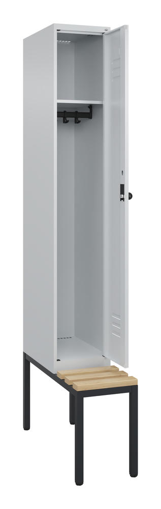 Garderoben-Stahlspind CLASSIC PLUS, mit Sitzbank | Lichtgrau RAL 7035 | mit untergebauter Sitzbank, Holzleisten | Lichtgrau RAL 7035 | 300 | 1