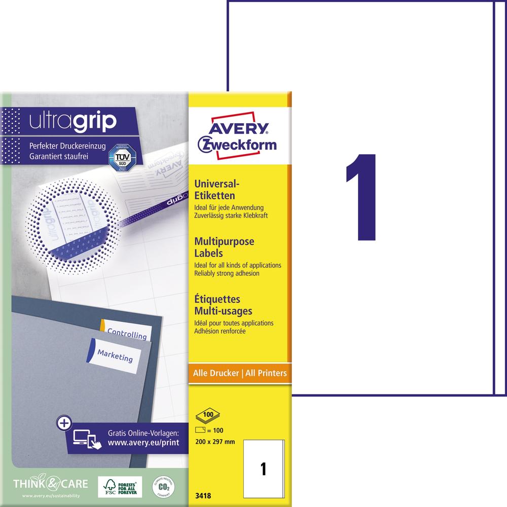Avery Zweckform Etikett 3418 200x297mm ws 100