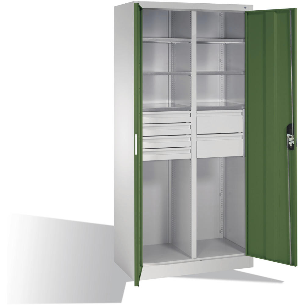 Flügeltüren-Stahlschrank SYSTEM ERGO-LOCK | Resedagrün RAL 6011 | 930 | links 3 Fachböden und 4 kleine Schubladen, rechts 3 Fachböden und 2 große Schubladen