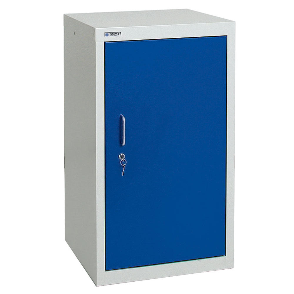 Umweltschrank mit geschlossenen Schranktüren B1 | Enzianblau RAL 5010 | 900 | 500 | Bügelgriff | 2 Wannen
