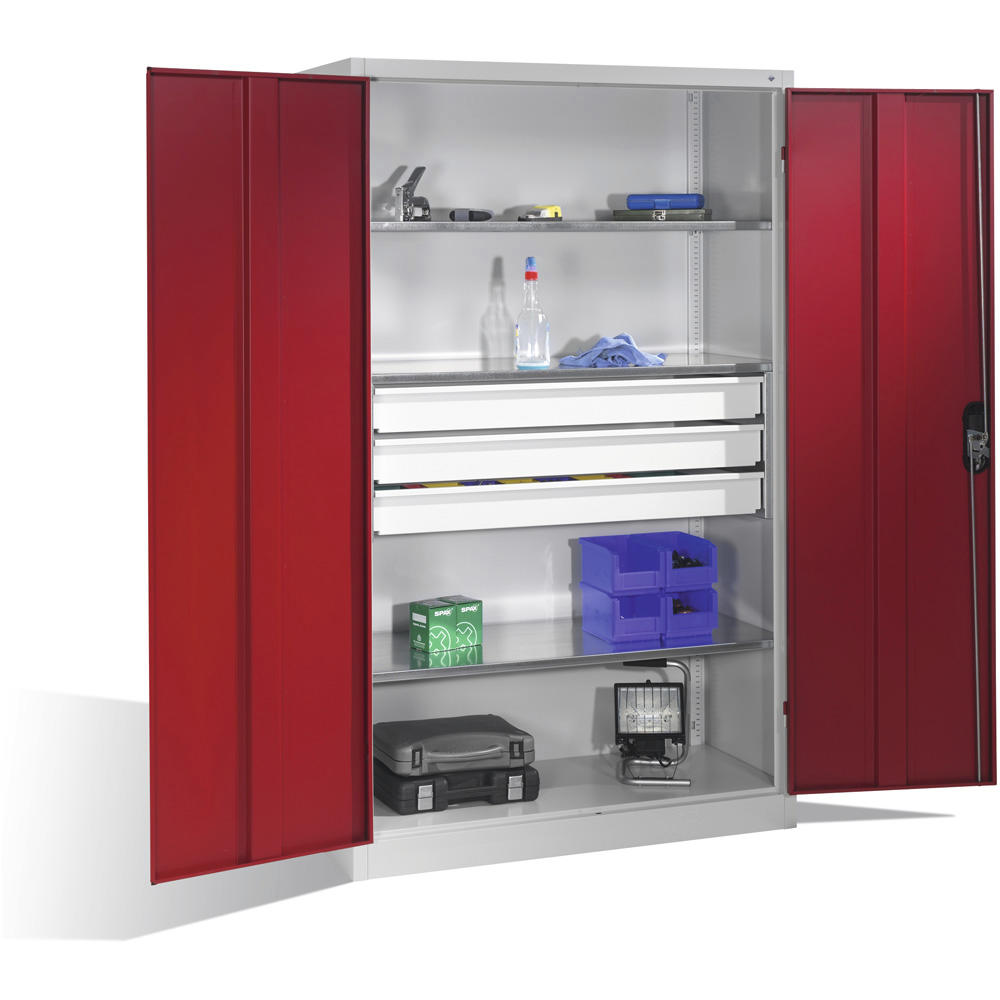 Flügeltüren-Stahlschrank SYSTEM TMF 110 | Rubinrot RAL 3003 | 1950 | 1200 | 600 | Schubladenblock mittig