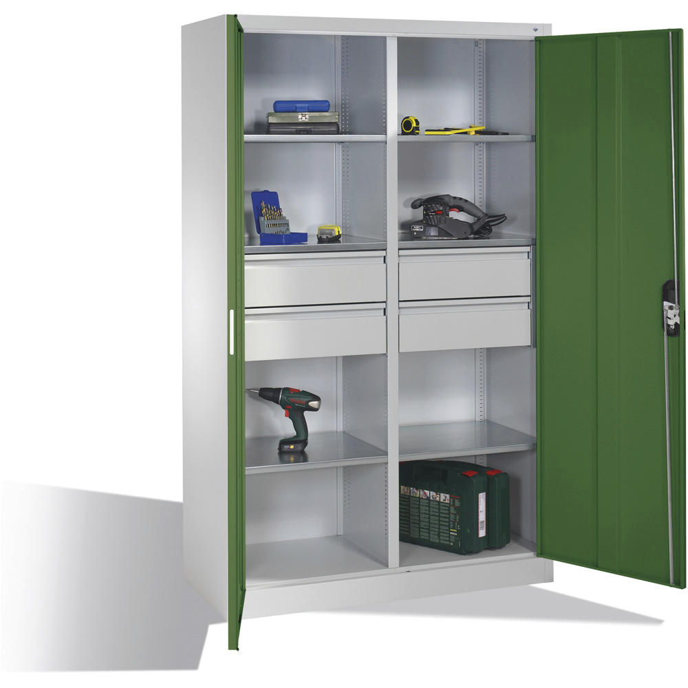 Flügeltüren-Stahlschrank SYSTEM ERGO-LOCK | Resedagrün RAL 6011 | 1200 | links und rechts 3 Fachböden und 2 große Schubladen