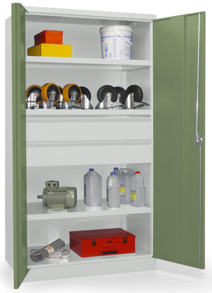 Schwerlastschrank ohne Mitteltrennwand | Resedagrün RAL 6011 | 1040 | 2 Schubladen H175 mm