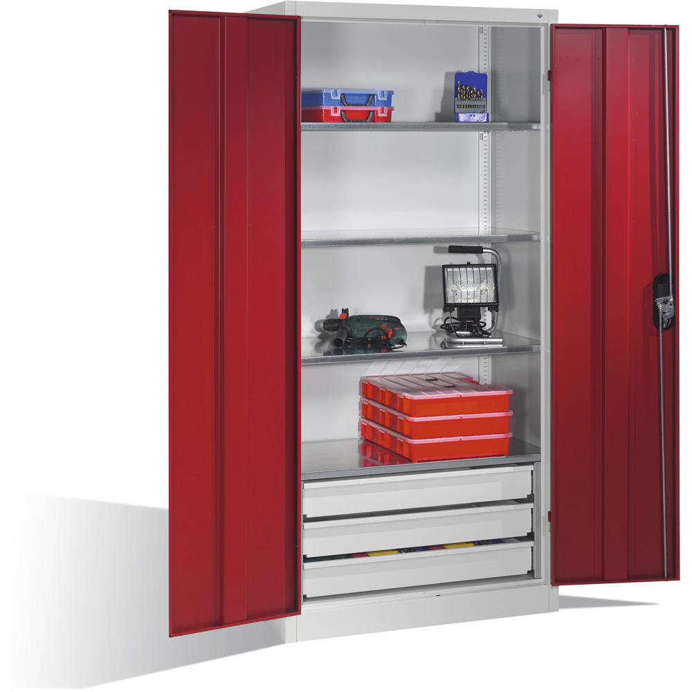 Flügeltüren-Stahlschrank SYSTEM TMF 110 | Rubinrot RAL 3003 | 1950 | 930 | 600 | Schubladenblock unten